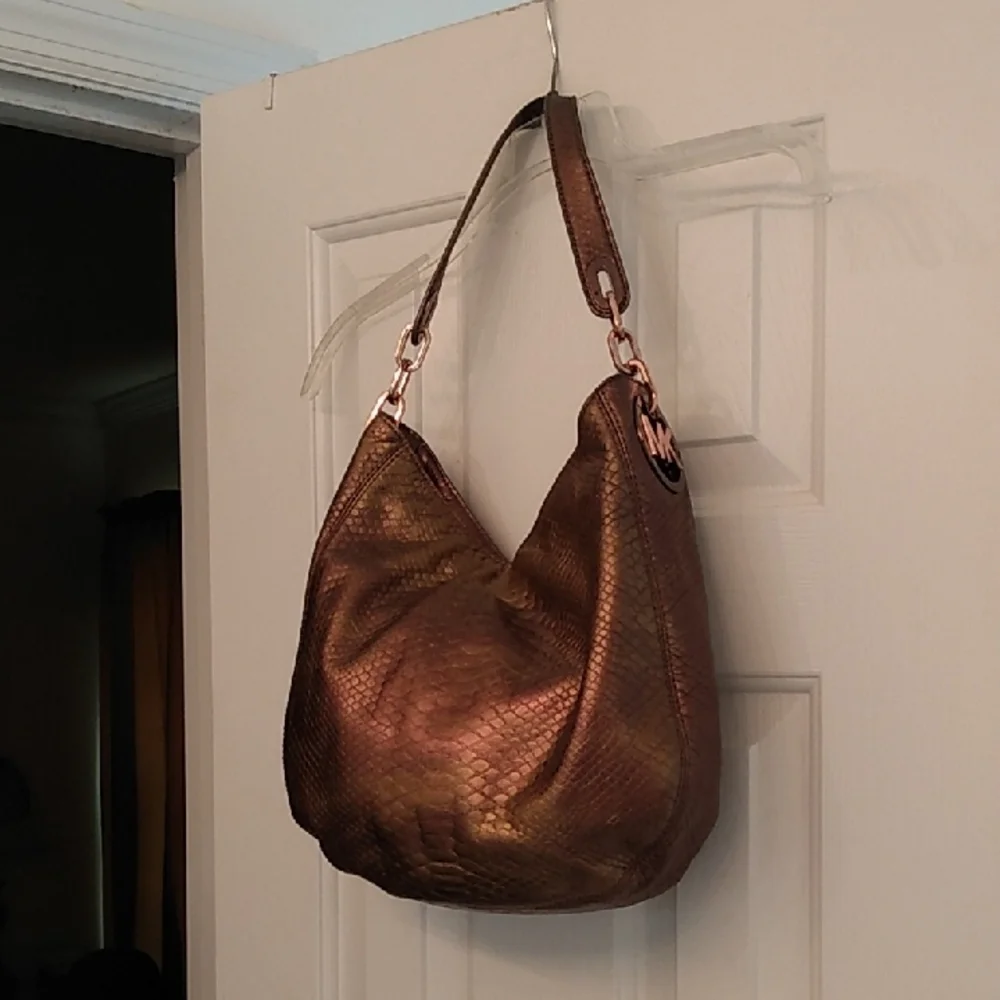 Michael Kors Copper Gold Snakeskin Effect Leather Purse Fulton Gold Logo Bag
